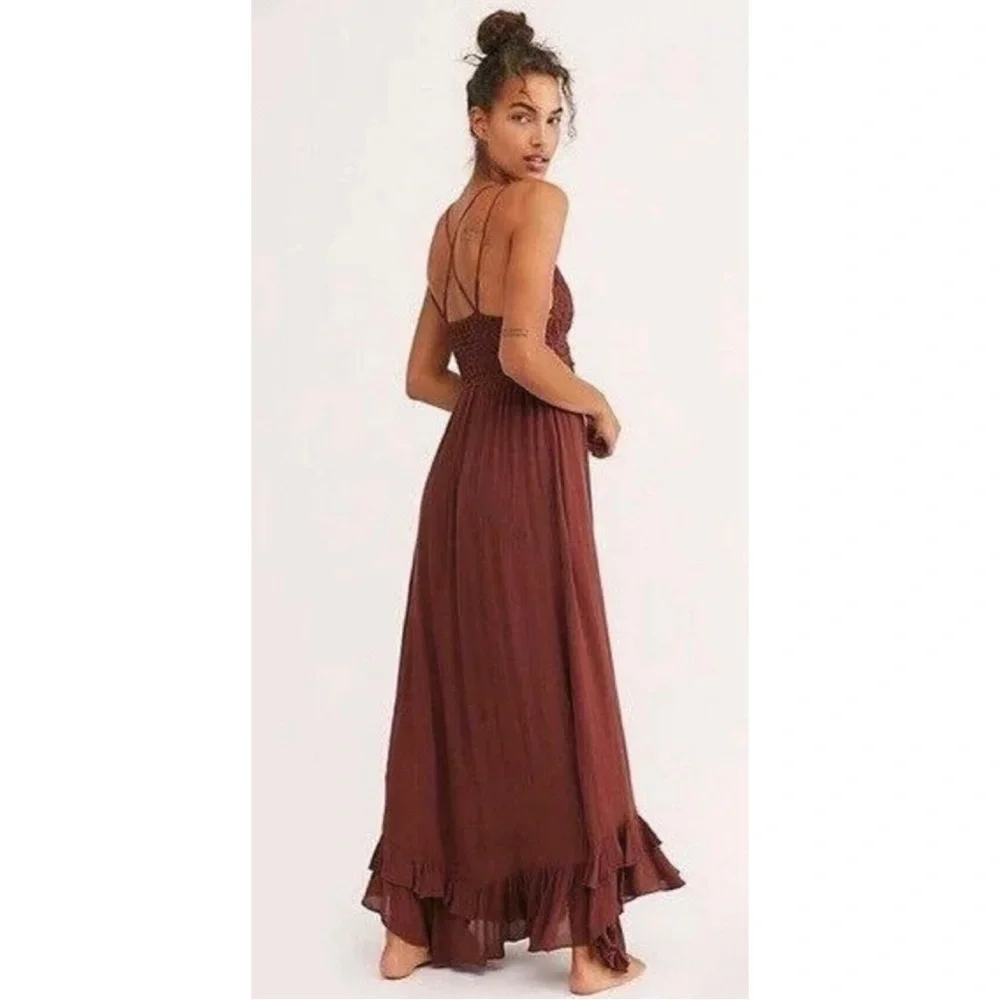 Free People Adella Brown Maxi romantic bohemian Dress with Lace Trim M - Picture 15 of 17